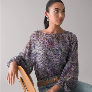 NWT WHBM Impressionist Print Silk Burnout Boatneck BO Blouse Size S
